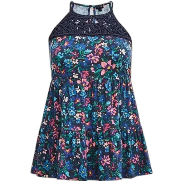 Torrid Blue Textured Jersey Crochet High Neck Tiered Top 1X - Picture 1 of 6